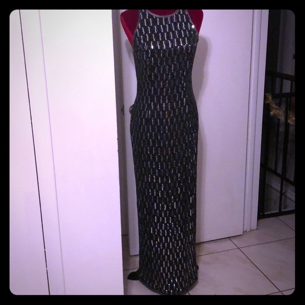 Black beaded evening gown